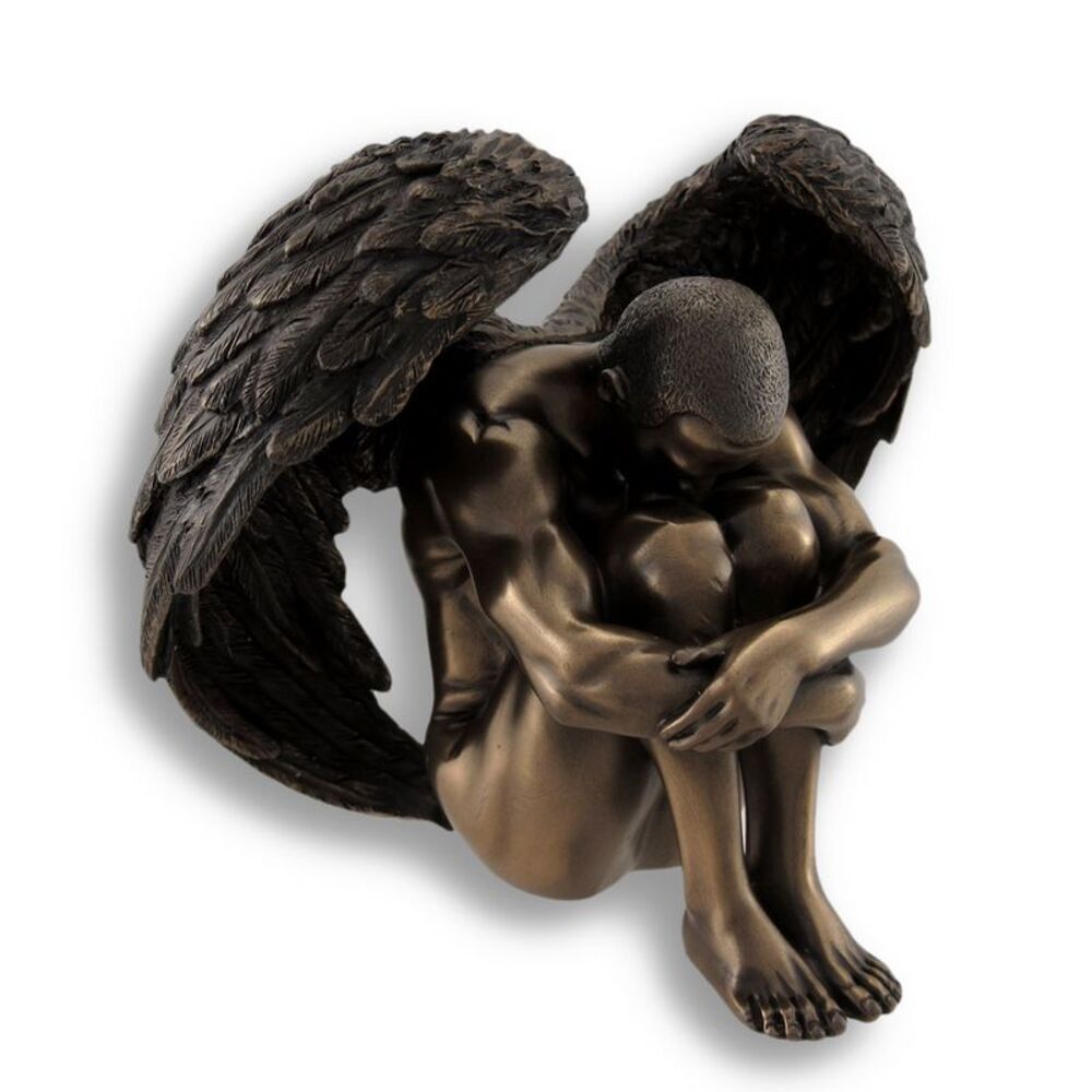 Male Angel Resting Head On Knees Sculpted Bronzed Statue